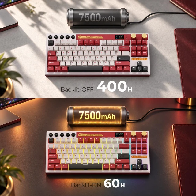 Alt view image 4 of 7 - RK ROYAL KLUDGE M87 Wireless Gaming Keyboard with Screen&Dual Knobs, Red | Bluetooth/2.4G/Wired, Hot Swappable Cream Switch, RGB Compact 75% Layout Keyboard with 400h Battery Life for PC/WIN/Mac, Red