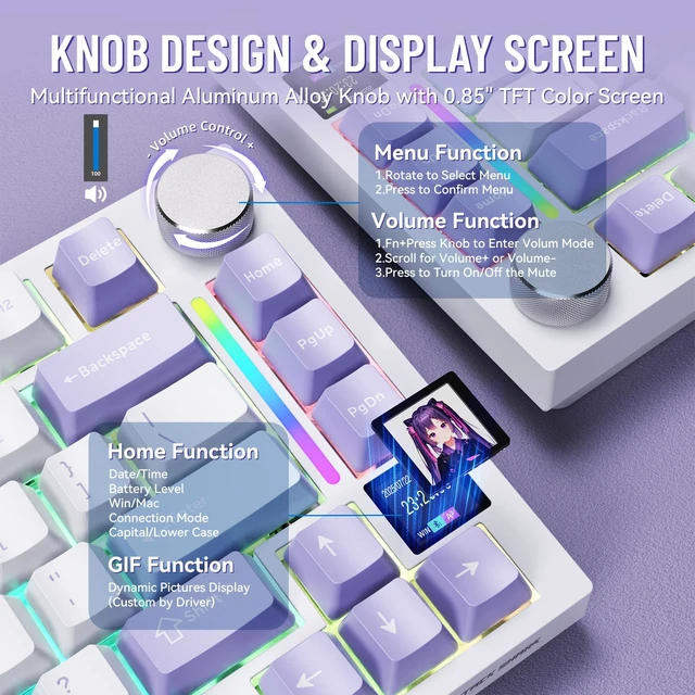 Alt view image 5 of 7 - ATTACK SHARK X820ULTRA Wireless Gaming Mechanical Keyboard with TFT Smart Display&Knob,PBT Keycaps,Gasket Mounted 75% TKL Keyboard,BT5.0/2.4GHz/USB-C,RGB Backlit for PC(Starlight White Shark Switch