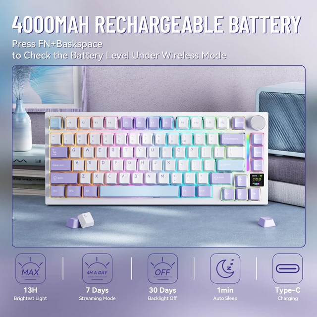 Alt view image 7 of 7 - ATTACK SHARK X820ULTRA Wireless Gaming Mechanical Keyboard with TFT Smart Display&Knob,PBT Keycaps,Gasket Mounted 75% TKL Keyboard,BT5.0/2.4GHz/USB-C,RGB Backlit for PC(Starlight White Shark Switch
