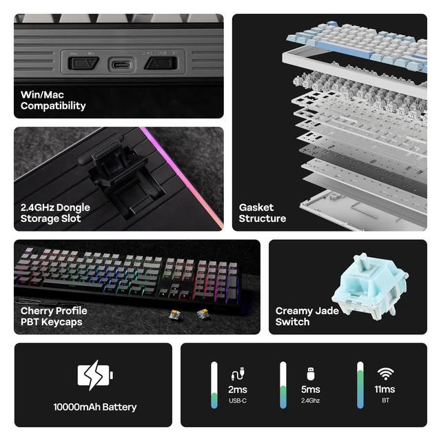 Alt view image 2 of 7 - EPOMAKER TH108 Full Size Mechanical Keyboard, Wireless Gaming Keyboard with 10000mAh Battery, Creamy Gasket, 108 Keys, Hot Swap, Custom Driver, RGB Backlight (Black, Creamy Jade)