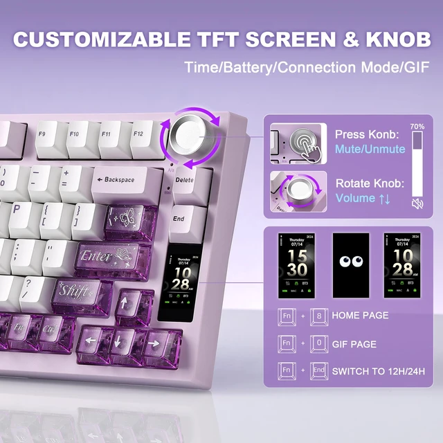 Alt view image 2 of 7 - YUNZII IF75 QMK VIA Wireless Mechanical Keyboard(Purple,Candy Switch) | 75% Gaming Keyboard with TFT Screen and Knob, 8000mAh, BT/2.4GHz/USB, RGB, NKRO Hot-Swap, Gasket Mount Keybaord for Mac/Win