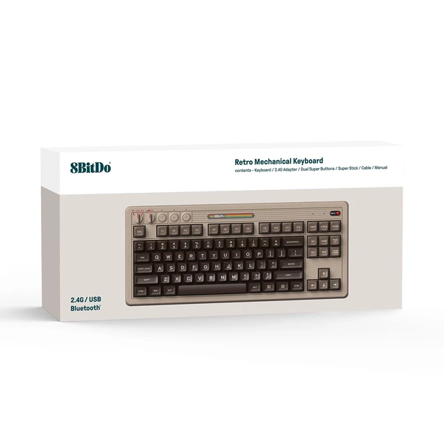 Alt view image 2 of 7 - 8Bitdo Retro Mechanical Keyboard for Windows & Android, C64 Edition | Bluetooth, 2.4G and Wired, 87 Keys, Kailh Box White Switches, Hot-Swappable PCB, Dual Super Buttons, Super Stick