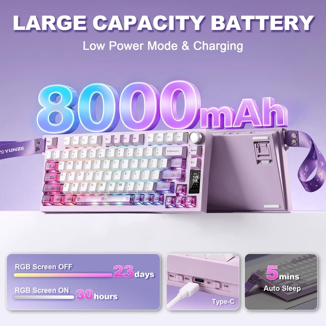 Alt view image 5 of 7 - YUNZII IF75 QMK VIA Wireless Mechanical Keyboard(Purple,Candy Switch) | 75% Gaming Keyboard with TFT Screen and Knob, 8000mAh, BT/2.4GHz/USB, RGB, NKRO Hot-Swap, Gasket Mount Keybaord for Mac/Win