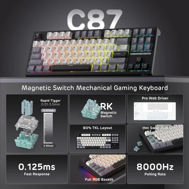Alt view image 2 of 7 - RK ROYAL KLUDGE C87 Hall Effect Mechanical Gaming Keyboard, Magnetic Switch | 75% TKL Wired HE Keyboard w/Adjustable Actuation Rapid Trigger Mode, 8K Hz Polling Rate, RGB Backlit, for PC/FPS Gamer