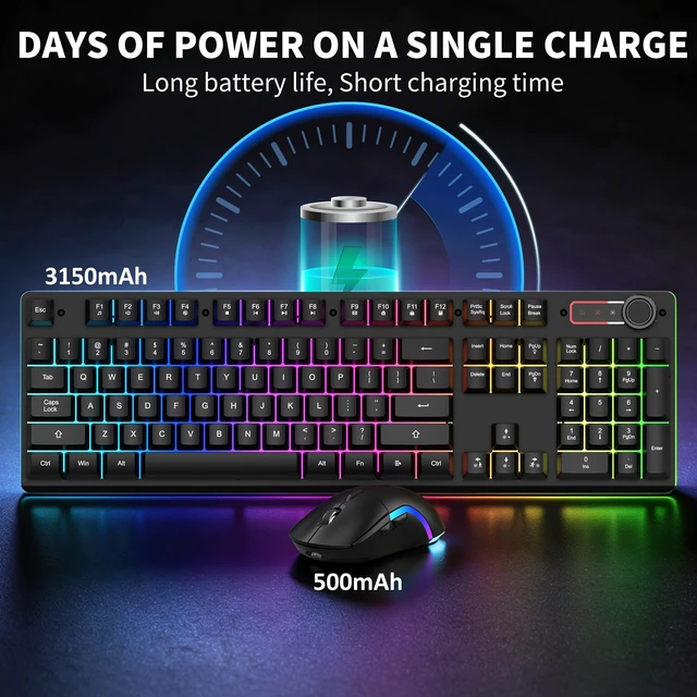 Alt view image 3 of 7 - ULSOU Wireless Gaming Keyboard and Mouse Combo, Mechanical Feel(Black) | Rechargeable Full Size Keyboard with 3150mAh Battery and 3-Level DPI Gaming Mouse, RGB Backlit, Rechargeable, for PC,Computer
