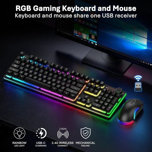 Alt view image 4 of 7 - ULSOU Wireless Gaming Keyboard and Mouse Combo, Mechanical Feel(Black) | Rechargeable Full Size Keyboard with 3150mAh Battery and 3-Level DPI Gaming Mouse, RGB Backlit, Rechargeable, for PC,Computer