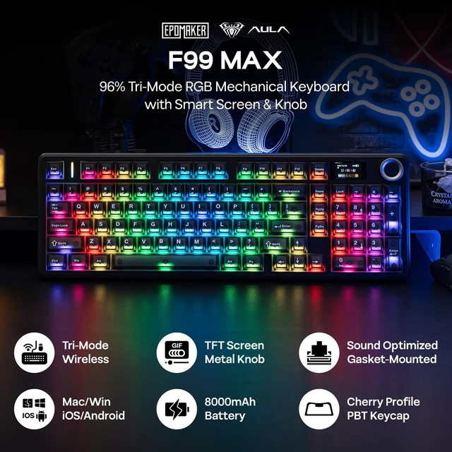 Alt view image 2 of 7 - EPOMAKER Aula F99 MAX Wireless Mechanical Keyboard, Smart Screen & Knob | 8000mAh, 2.4Ghz/BT Creamy Keyboard, Pre-Lubed Switch, Hot-Swappable, RGB Backlit, Custom Software (Black)