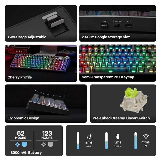Alt view image 3 of 7 - EPOMAKER Aula F99 MAX Wireless Mechanical Keyboard, Smart Screen & Knob | 8000mAh, 2.4Ghz/BT Creamy Keyboard, Pre-Lubed Switch, Hot-Swappable, RGB Backlit, Custom Software (Black)