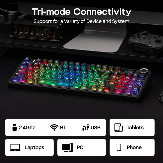 Alt view image 5 of 7 - EPOMAKER Aula F99 MAX Wireless Mechanical Keyboard, Smart Screen & Knob | 8000mAh, 2.4Ghz/BT Creamy Keyboard, Pre-Lubed Switch, Hot-Swappable, RGB Backlit, Custom Software (Black)