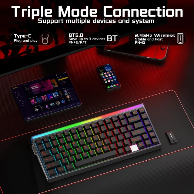 Alt view image 3 of 7 - 75 HE Hall Effect Wireless Gaming Keyboard, 0.005mm RT & 8000mAh | Dual 8K Polling, 75% Rapid Trigger Magnetic Keyboard with Adjustable Actuation, LightBox, Tri-Mode BT5.0/2.4G/Wired, Hot Swap