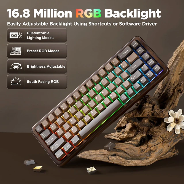 Alt view image 7 of 7 - YUNZII WOOD68 65% Wireless Hot Swap RGB Mechanical Keyboard (Wood, Candy) | Tray Mount, Pre-lubed Linear Switche,BT/2.4G/USB-C,PBT Double-shot Keycaps,Wooden case for Retro Gamers & Desk Setups