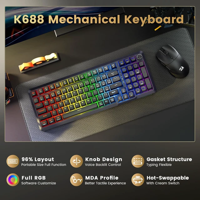 Alt view image 2 of 7 - Redragon K688PRO Wireless Tri Mode Gasket Mechanical Gaming Keyboard | Hot Swappable 8000mAH Gaming Keyboard with Five-Layer Padding & Knob, BT/2.4GHz/USB-C, RGB Backlit, 98 Keys Creamy Keyboard