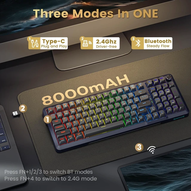 Alt view image 4 of 7 - Redragon K688PRO Wireless Tri Mode Gasket Mechanical Gaming Keyboard | Hot Swappable 8000mAH Gaming Keyboard with Five-Layer Padding & Knob, BT/2.4GHz/USB-C, RGB Backlit, 98 Keys Creamy Keyboard