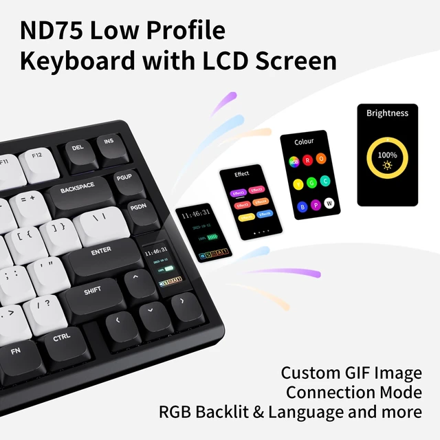 Alt view image 3 of 7 - OOCTPK Mechanical Keyboard, Chilkey ND75 LP Wireless Gaming Keyboard with LCD Screen, Bluetooth 5.3/2.4G/USB-C, Hot Swappable Per-Key RGB Custom, Thin Front, Wrist Rest, Full-Aluminum, PC/Mac Support