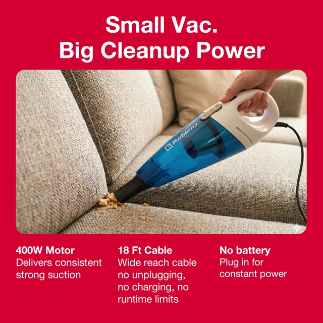 Alt view image 2 of 6 - Koblenz HV-120 KG3 Corded Handheld Vacuum Cleaner, 400W Motor | 18ft Cord, Lightweight Dust Buster for Pet Hair, Upholstery, Stairs, Car, Crevice Tool Included, Small Corded Vac, White/Blue