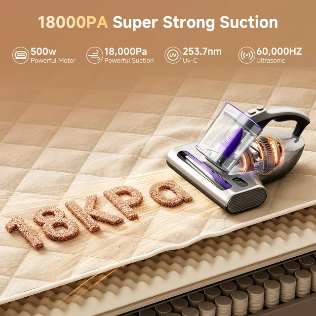 Alt view image 2 of 7 - uwant Mattress Vacuum Cleaner, 18KPa Bed Vacuum with 60000RPM Tap Set of 1 | 253.7nm UV-C&Ultrasonic, 149 Heat, HEPA Filter, 500W Motor, Metal Roller Bed Vacuum for Bed, Sofa, Carpet, Pillow, Corded