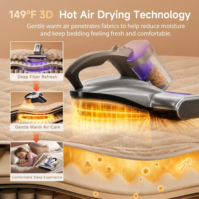Alt view image 4 of 7 - uwant Mattress Vacuum Cleaner, 18KPa Bed Vacuum with 60000RPM Tap Set of 1 | 253.7nm UV-C&Ultrasonic, 149 Heat, HEPA Filter, 500W Motor, Metal Roller Bed Vacuum for Bed, Sofa, Carpet, Pillow, Corded