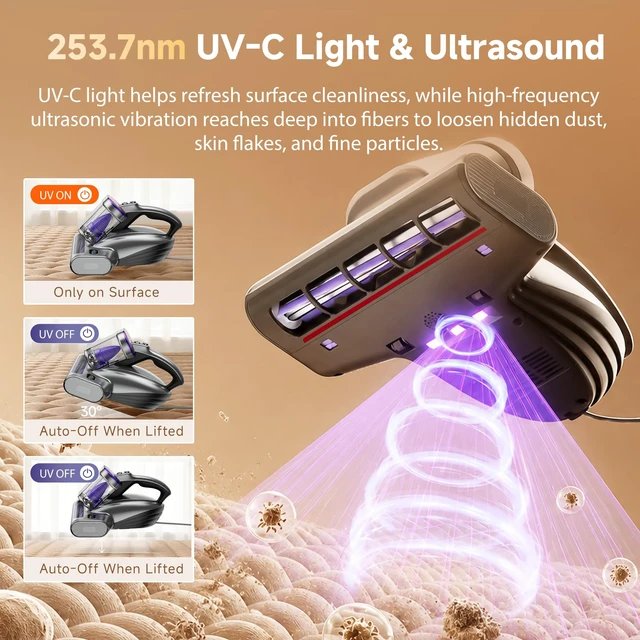 Alt view image 6 of 7 - uwant Mattress Vacuum Cleaner, 18KPa Bed Vacuum with 60000RPM Tap Set of 1 | 253.7nm UV-C&Ultrasonic, 149 Heat, HEPA Filter, 500W Motor, Metal Roller Bed Vacuum for Bed, Sofa, Carpet, Pillow, Corded