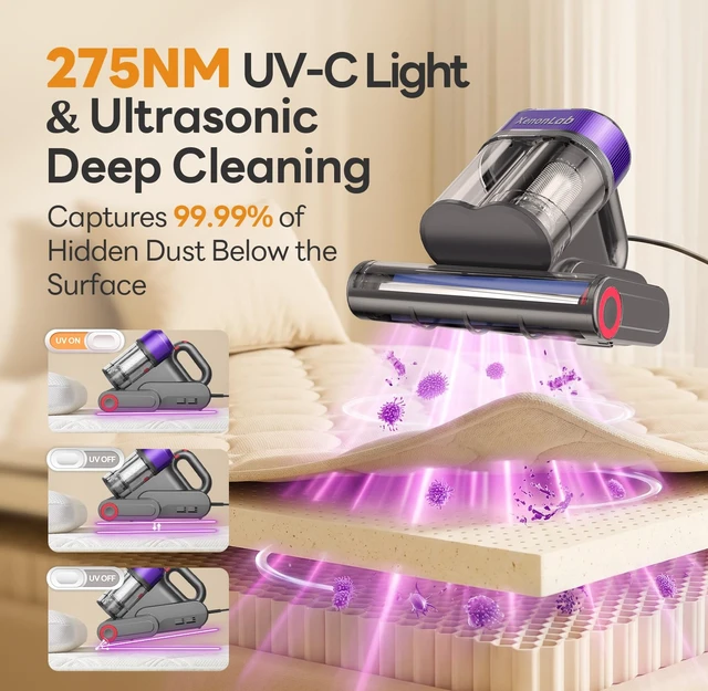 Alt view image 3 of 7 - XenonLab Mattress Vacuum Cleaner, 18000Pa Bed Vacuum Cleaner, 275nm UV-C Light & Ultrasonic 140°F Heat with High-Speed Deep Tapping, Versatile Handheld Vacuum for Bed, Sofa, Couch, CribCorded