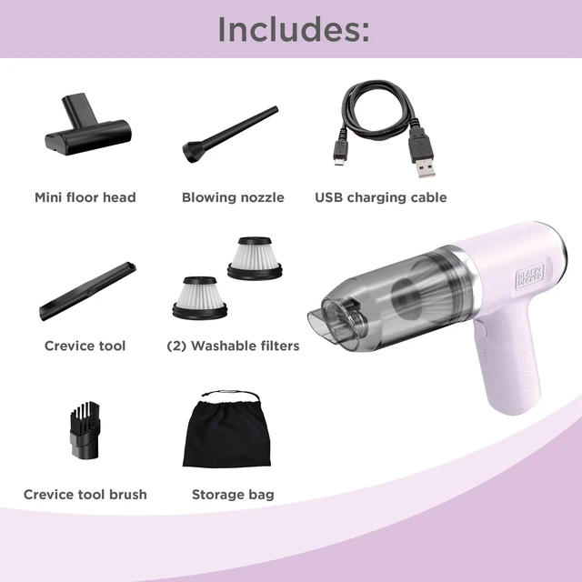Alt view image 2 of 7 - BLACK+DECKER dustbuster mini 2-in-1 Small Vacuum Air Blower, Lilac (MDB-2) | 4 Attachments, LED Lights, 16 mins runtime, Lightweight dust busters cordless rechargeable, USB cable, 8V, 13 AW, 250 mph