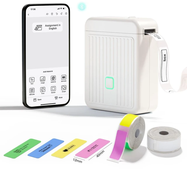 Main image of Label Printer with Waterproof Self-Adhesive Labels (12 x 40 mm), Bluetooth Labeling Device, Portable Label Printer, 2000 mAh, Compatible with iOS & Android, for Home, School, and Office (White)