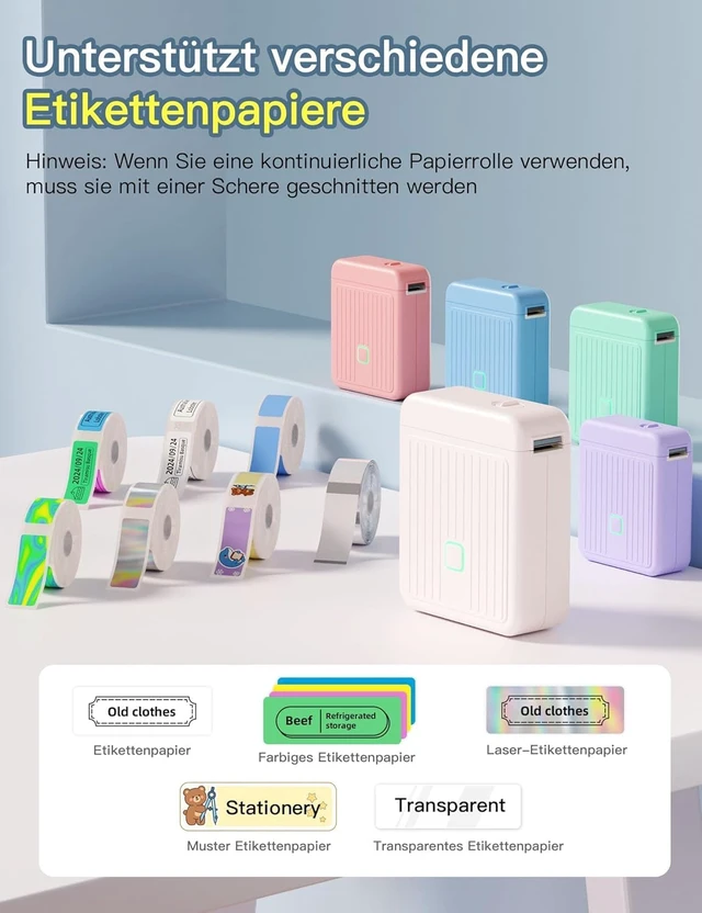 Alt view image 7 of 7 - Label Printer with Waterproof Self-Adhesive Labels (12 x 40 mm), Bluetooth Labeling Device, Portable Label Printer, 2000 mAh, Compatible with iOS & Android, for Home, School, and Office (White)