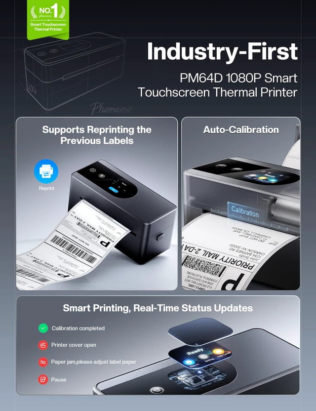 Alt view image 2 of 7 - Phomemo PM64D Shipping Label Printer with Touch Screen & Label Holder | Upgraded 4x6 Wireless Thermal Label Printer for Small Business & Shipping Package, Compatible with Amazon, Shopify, USPS