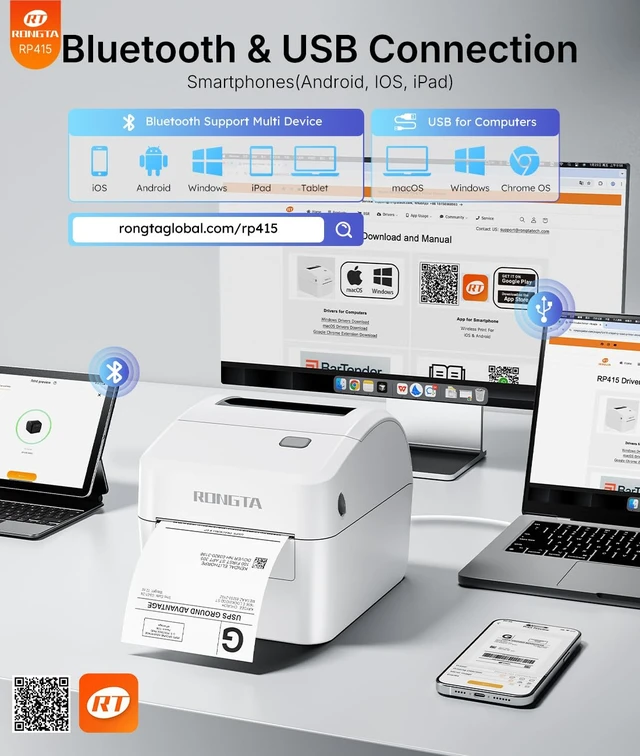 Alt view image 2 of 6 - Rongta Bluetooth Shipping Label Printer RP415, Wireless 4x6 Thermal Label Printer for Shipping Packages, Small Business, Home, Office, Compatible with E-Commerce Platform