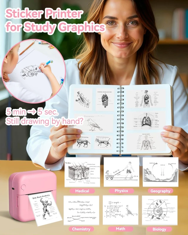 Alt view image 3 of 7 - Aptika Sticker Printer - Mini Printer with 14 Rolls Self-Adhesive Papers | Pocket Label Maker for iPhone / Android, Bluetooth Thermal Machine for Students Children Birthday, Pink