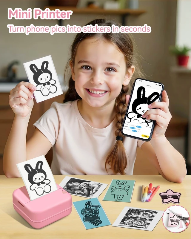 Alt view image 2 of 7 - Aptika Sticker Printer - Mini Printer with 14 Rolls Self-Adhesive Papers | Pocket Label Maker for iPhone / Android, Bluetooth Thermal Machine for Students Children Birthday, Pink