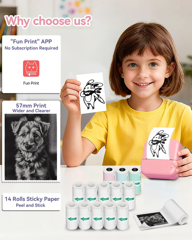 Alt view image 6 of 7 - Aptika Sticker Printer - Mini Printer with 14 Rolls Self-Adhesive Papers | Pocket Label Maker for iPhone / Android, Bluetooth Thermal Machine for Students Children Birthday, Pink