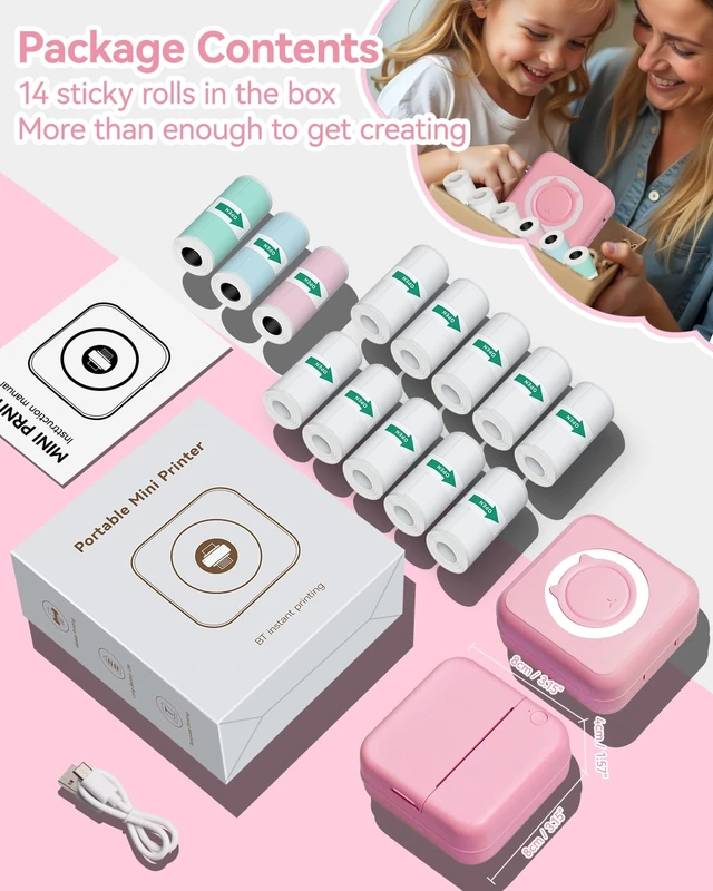 Alt view image 7 of 7 - Aptika Sticker Printer - Mini Printer with 14 Rolls Self-Adhesive Papers | Pocket Label Maker for iPhone / Android, Bluetooth Thermal Machine for Students Children Birthday, Pink