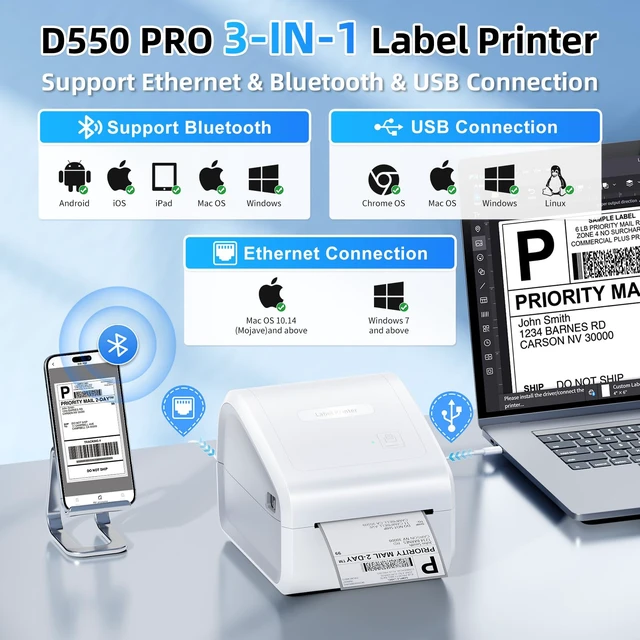 Alt view image 2 of 7 - Omezizy Bluetooth Thermal Label Printer 4x6, Wireless Thermal Labels Printers for Small Business, D550 Pro White Ethernet Shipping Label Printer, Support Bluetooth/Ethernet/USB