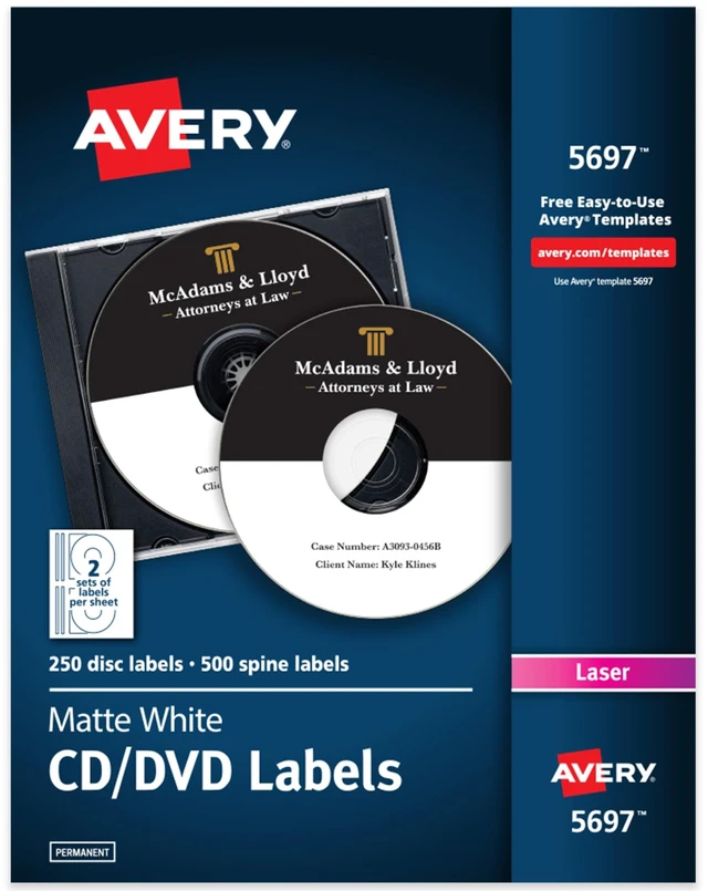 Main image of Avery® Printable CD Labels, Matte White, Permanent Adhesive, Laser Printer Compatible, 250 Disc & 500 Spine Labels, Ideal for DVDs, PC Discs, Media Projects & More (5697)