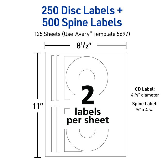 Alt view image 3 of 6 - Avery® Printable CD Labels, Matte White, Permanent Adhesive, Laser Printer Compatible, 250 Disc & 500 Spine Labels, Ideal for DVDs, PC Discs, Media Projects & More (5697)