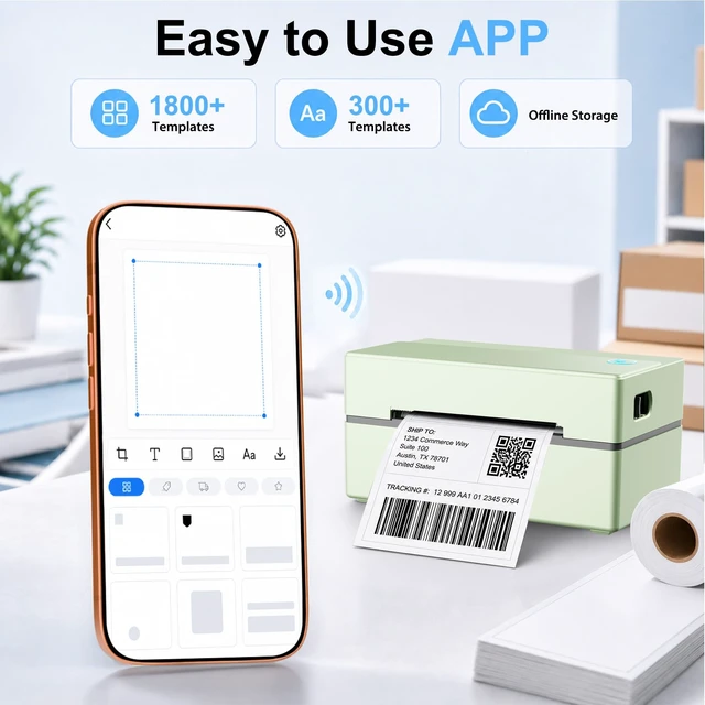 Alt view image 6 of 7 - Thermal Shipping Label Printer 4x6 Bluetooth Label Maker for Small Business | Wireless Mailing Shipping Printer for USPS UPS Amazon Shopify Etsy - Compatible with iPhone Android Windows & Mac (Green)