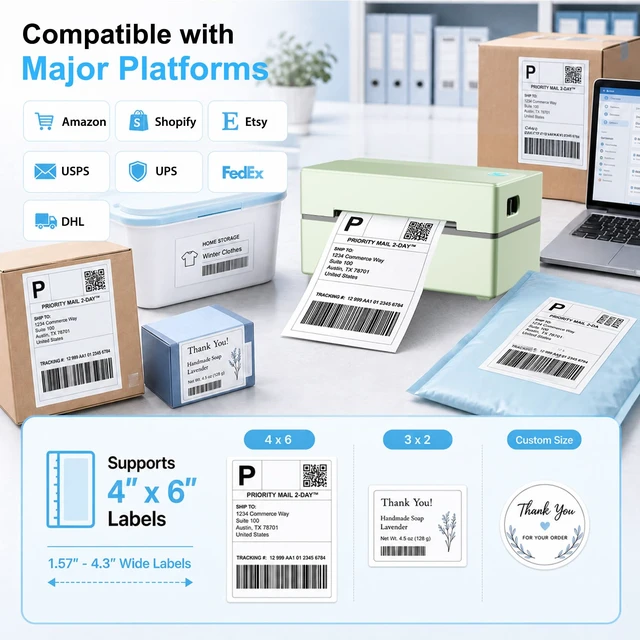 Alt view image 3 of 7 - Thermal Shipping Label Printer 4x6 Bluetooth Label Maker for Small Business | Wireless Mailing Shipping Printer for USPS UPS Amazon Shopify Etsy - Compatible with iPhone Android Windows & Mac (Green)