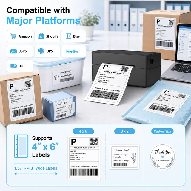 Alt view image 3 of 7 - Thermal Shipping Label Printer 4x6 Bluetooth Label Maker for Small Business | Wireless Mailing Shipping Printer for USPS UPS Amazon Shopify Etsy - Compatible with iPhone Android Windows & Mac (Black)