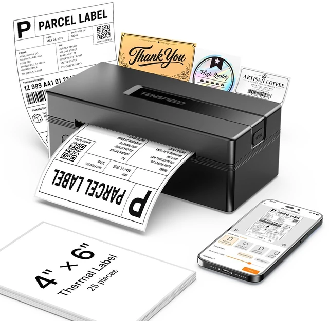 Main image of TENSPEED 4x6 Bluetooth Thermal Shipping Label Printer, Black | Wireless for Shipping Packages and Small Business, Compatible with Win/Mac/Android/iOS, Works with E-commerce platforms