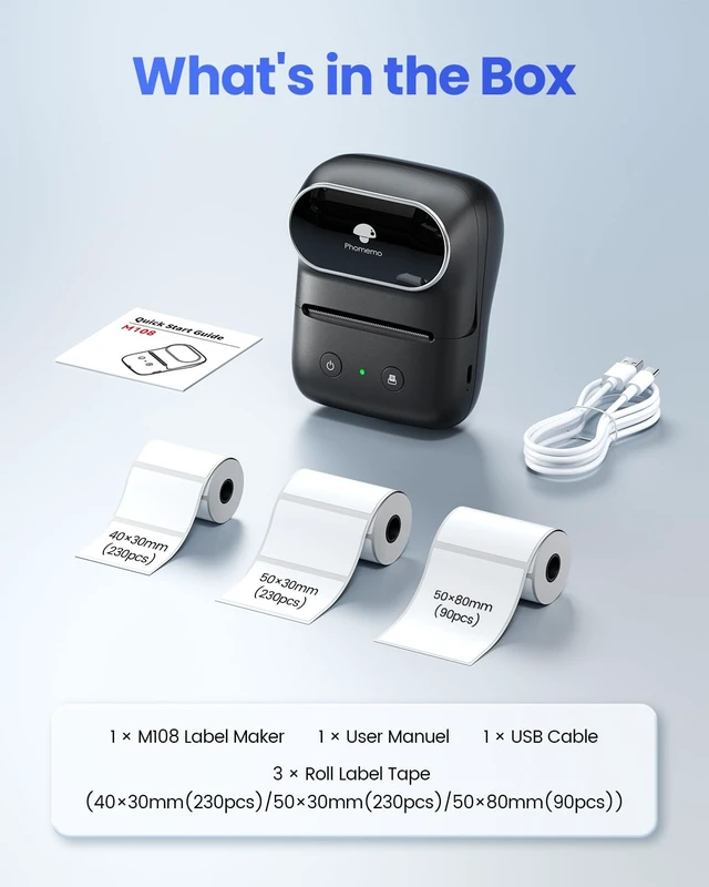 Alt view image 7 of 7 - Phomemo Thermal Label Maker Machine with Tape (3 Rolls), Sticker Printer | 2 Inch Wide Waterproof Label Machine Easy to Use for Small Business, School, Black