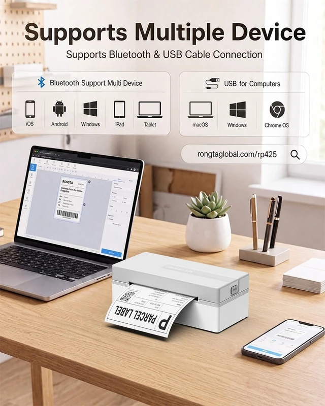 Alt view image 2 of 7 - Rongta Shipping Label Printer Bluetooth 4x6 Thermal Label Printer, White | Wireless Thermal Label Printer, Supports iPhone and Android devices, Suitable for Most of Thermal Shipping Labels