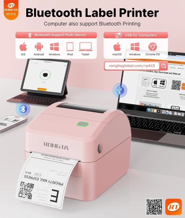 Alt view image 2 of 7 - Rongta 4x6 Bluetooth Shipping Label Printer | Thermal Label Printer for Shipping Packages, Small Business, Home, Office, Compatible with Major Platforms, Pink