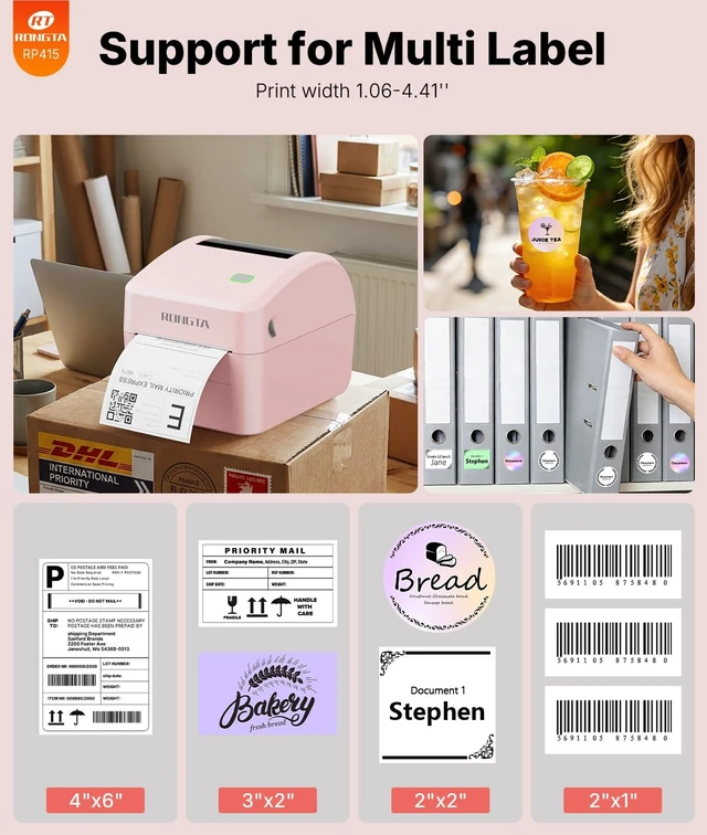 Alt view image 3 of 7 - Rongta 4x6 Bluetooth Shipping Label Printer | Thermal Label Printer for Shipping Packages, Small Business, Home, Office, Compatible with Major Platforms, Pink
