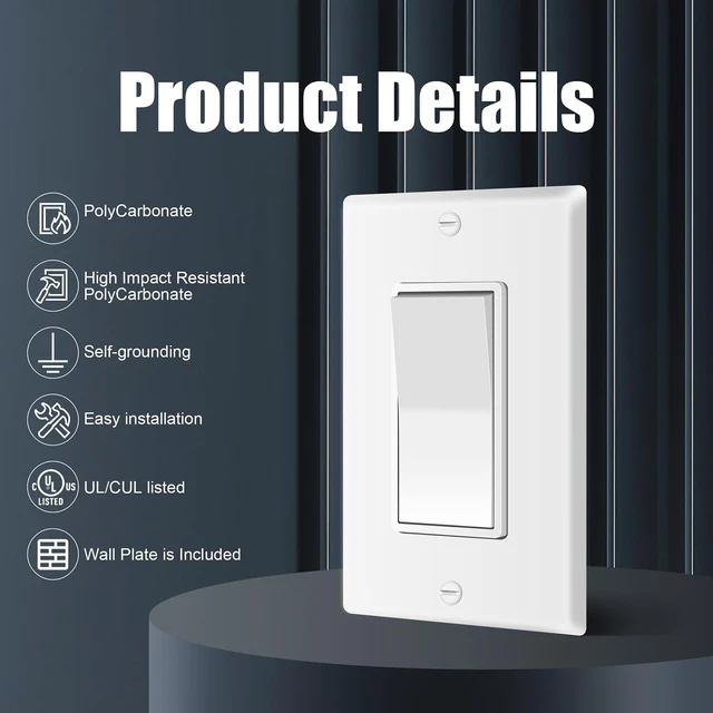 Alt view image 2 of 7 - ThunderWay 30 Pack Single Pole Decorator Light Switch with Wallplate, White | 15A 120V/277V, On/Off Paddle Switch, Residential Grade, Gloss Finish, UL Listed