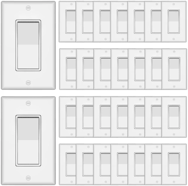 Main image of ThunderWay 30 Pack Single Pole Decorator Light Switch with Wallplate, White | 15A 120V/277V, On/Off Paddle Switch, Residential Grade, Gloss Finish, UL Listed