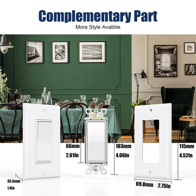 Alt view image 4 of 7 - ThunderWay 30 Pack Single Pole Decorator Light Switch with Wallplate, White | 15A 120V/277V, On/Off Paddle Switch, Residential Grade, Gloss Finish, UL Listed