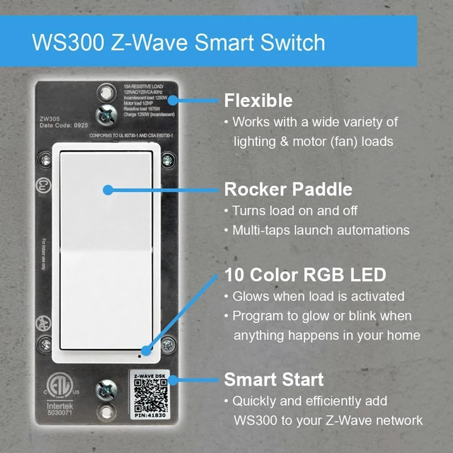 Alt view image 2 of 5 - HomeSeer Smart Light Switch (WS300), 800 Series Long Range Z-Wave Technology, Includes Programmable RGB LED Indicatory, Multi-Tap Scene Control, Compatible with HomeSeer, Home Assistant (1-Pack)