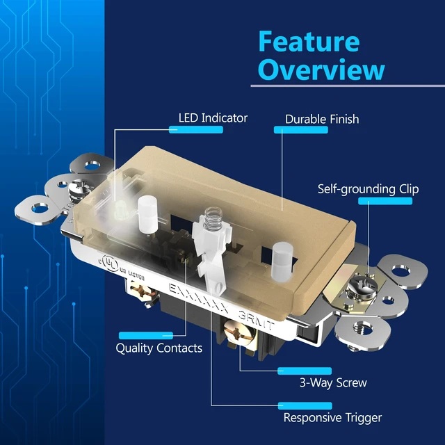 Alt view image 3 of 7 - LIDER Lighted Decorator Switch, Frameless Paddle Light Switch, 3-Way, 15A | Locator Light, UL Listed, Matte Gold, Grounding Screw, Polycarbonate Thermoplastic, Guide Light, Single-Pole Compatible