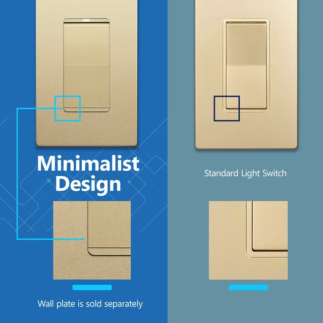 Alt view image 4 of 7 - LIDER Lighted Decorator Switch, Frameless Paddle Light Switch, 3-Way, 15A | Locator Light, UL Listed, Matte Gold, Grounding Screw, Polycarbonate Thermoplastic, Guide Light, Single-Pole Compatible
