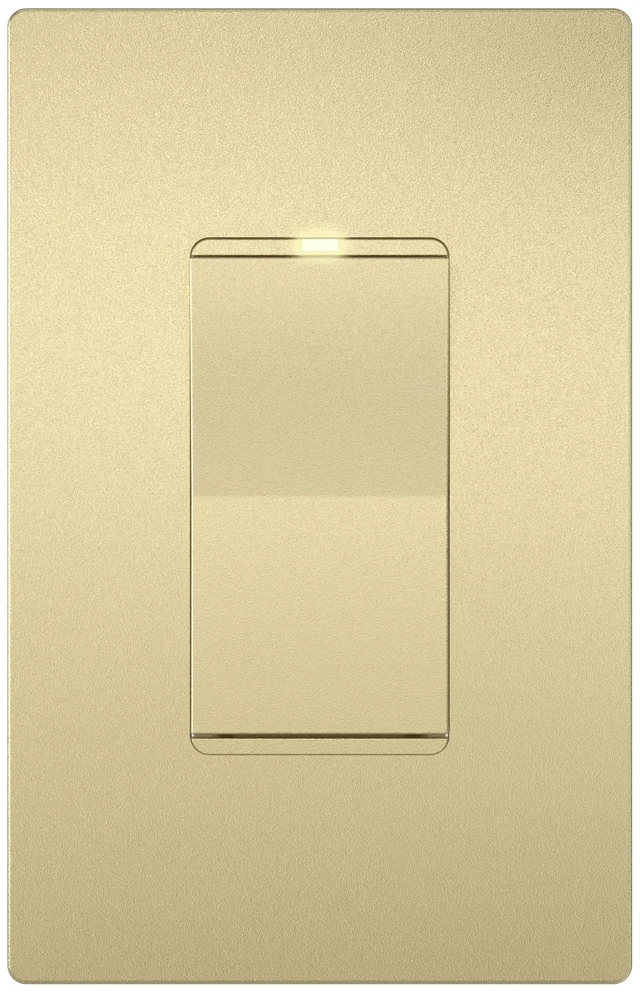Main image of LIDER Lighted Decorator Switch, Frameless Paddle Light Switch, 3-Way, 15A | Locator Light, UL Listed, Matte Gold, Grounding Screw, Polycarbonate Thermoplastic, Guide Light, Single-Pole Compatible